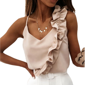 Elegant Women's V Neck <b>Silk</b> Satin Tank <b>Top</b> With Ruffles Solid Color Casual Wear - Product Image 6