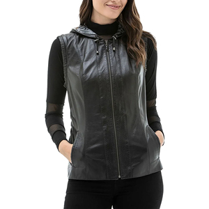 Women's <b>Black</b> Motorcycle Leather <b>Vest</b> Genuine Cowhide Biker Style Factory Price Wholesale OEM Supplier - Product Image 1