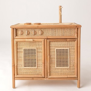 Cocina de juguete de ratán para niños, estufa de madera en miniatura ecológica, estación de cocina con almacenamiento - Product Image 6