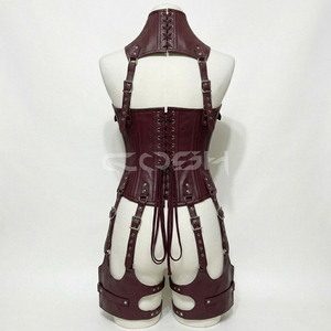 Underbust Steelboned Fashion And Party Wear Burgundy Leather <b>Corset</b> With Neck And Thigh Harness - Product Image 4