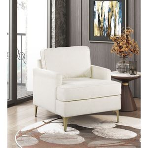 Poltrona Moderna Comfort in Ciniglia Beige con Gambe in Metallo Dorato e Base in Compensato Resistente per Arredamento Soggiorno - Product Image 1