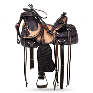 Conjunto de Silla de Montar Inglesa de Cuero Repujado con Estribos, Riendas y Accesorios a Juego para Equitación en Ranchos y Senderos - Product Image 1