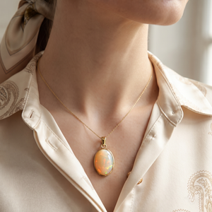 Oval Shape Natural Ethiopian <b>Opal</b> Gemstone Pendant Cabochon GIA Certified 18k Yellow Gold Vintage Gold Solitaire Women's Jewelry - Product Image 6