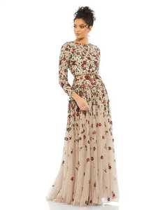 Vestido Maxi de Noche con Lentejuelas y Bordados a Rayas, Manga Larga, Espalda Descubierta, Corte A, Largo hasta el Suelo, 100% Poliéster, Cintura Imperio, Color Champán - Product Image 5