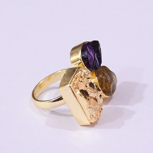 Geometric <b>Cocktail</b> <b>Ring</b> <b>Gold</b> Plated Raw Amethyst And Citrine Bezel Setting Bohemia Style Unisex Everyday Wear - Product Image 2