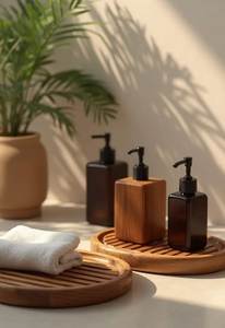 Antique <b>Wood</b> <b>Bathroom</b> Set Three-Piece Minimalist Soap Dispenser Toothbrush Holder Tumbler Eco-Friendly Rectangle Design Decor - Product Image 6
