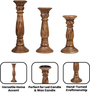 Ensemble de 3 porte-bougies en bois rustique, sculptés à la main en bois de manguier, élégants supports décoratifs pour bougies piliers - Product Image 3