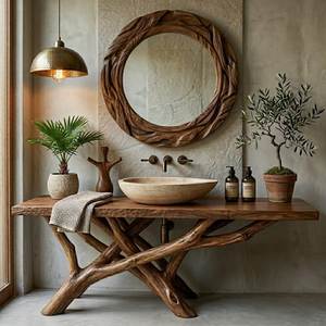 Meuble-lavabo de salle de bain de luxe en bois massif rustique fait main avec bord naturel, base artistique en forme de branche, console naturelle - Product Image 1