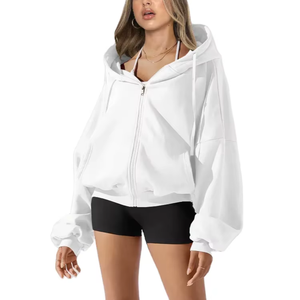 Sudadera con capucha de algodón French Terry rosa de alto gramaje, con hombro caído, cremallera, manga larga, apliques de pedrería y diseño crop de corte holgado, estilo streetwear - Product Image 1