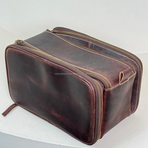 Custom Double-<b>Zipper</b> Men's Full Grain Genuine Leather Travel Makeup <b>Bag</b> Vintage Toiletry Cosmetic <b>Bag</b> for Men Hanging Dopp Kit - Product Image 4
