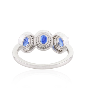 14K Solid Gold Blue Sapphire <b>Diamond</b> Three Stone Halo Wedding <b>Ring</b> - Product Image 5