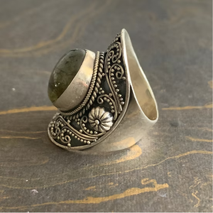 Oxidized Sterling Silver <b>Labradorite</b> <b>Ring</b> Oval Shield Antique Filigree Scroll Pattern Retro Style Jewelry - Product Image 3