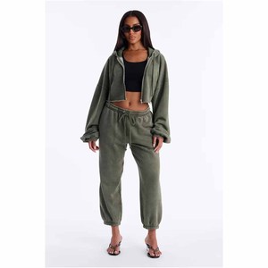 Women's 2 Piece Fleece Set Hooded <b>Crop</b> Top <b>Joggers</b> Loose Fit Solid Color Casual All Seasons Knitted Cotton Outfit - Product Image 5