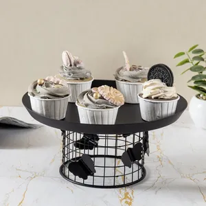 Round Metal Cake Platter With 5 Cupcake Holders Black Wire Base Elegant Display Stand for Party Decor - Product Image 1