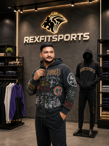 Sudadera con Capucha REXFIT SPORTS 2026 para Hombre, Negra, Vintage, con Gráficos, Cierre Completo, Personalizada, Estilo Urbano, de Forro Polar, para Uso Casual - Product Image 2