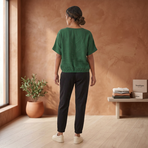 Chemisier vert en rayonne pour femme, col en V, manches courtes, épaules tombantes, coupe ample, décontracté, à nouer devant, écologique, idéal pour l'été - Product Image 6