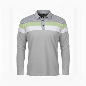 Polo à manches longues pour homme, rayé, patchwork, col à revers, décontracté, respirant, doux, pour le quotidien et le golf, vente en gros - Product Image 4