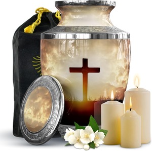 Christian Cross Memorial Cremation Urn For Human Ashes Decorative Metal Funeral <b>Keepsake</b> With Velvet Bag - Product Image 1