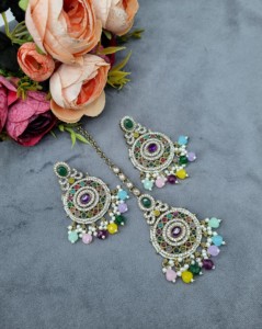 Traditional Oval CZ Stone Round Shape <b>Earrings</b> And Mang Tika Set Pearl Beaded Ethnic Party Wear Fashion Jewellery Set Collection - Product Image 5