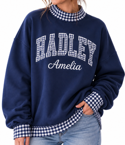 Sweat-shirt personnalisé pour femme à col montant, avec appliqué lettres, patchwork à carreaux, color block, coupe oversize, style vintage, vente en gros - Product Image 6