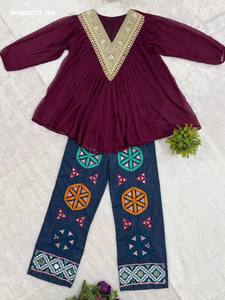 Designer Fancy Faux Georgette with Real-<b>Mirror</b> Hand-work Neck Long-Top & Cotton-Denim Embroidery Jeans Pair Worldwide Supplier - Product Image 5