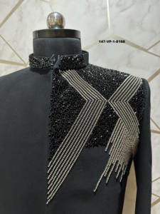 Sherwani pour homme, col mandarin, motif crête d'ébène, sans plis, pour mariage festif, en tissu TR Lachka de qualité supérieure, vêtement traditionnel noir - Product Image 5