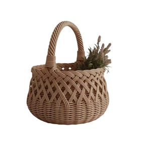 Vintage Rustic <b>Wicker</b> Magazine <b>Log</b> <b>Basket</b> Triangle Gabled Side Rattan Picnic <b>Basket</b> Fixed Horizontal Handle Open Top Storage Box - Product Image 2