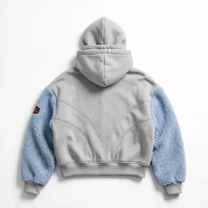 Custom Sherpa <b>Sleeve</b> Zip Up <b>Hoodie</b> Hybrid Polar Fleece Panel Detail Boxy Cropped Color Block Streetwear <b>Hoodie</b> - Product Image 2