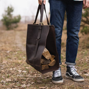 Bolsa de transporte de leña ajustable de cuero para camping, recolección de leña y almacenamiento de leña para fogatas, tamaño OEM - Product Image 1