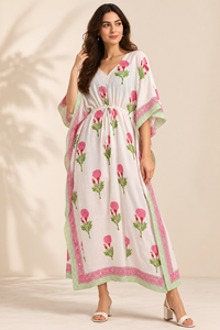 White Base Kaftan for Women 100% Cotton <b>Bohemian</b> Botanical Print <b>Maxi</b> <b>Dress</b> Tie Waist Breathable Summer Resort Wear Wholesale - Product Image 2