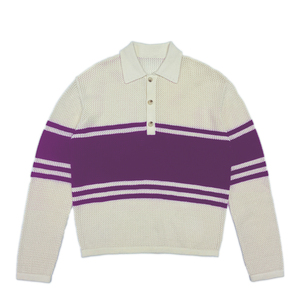 Polo à manches longues en tricot pour homme, rayé violet et blanc, style preppy, coupe classique, bordure contrastée - Product Image 1