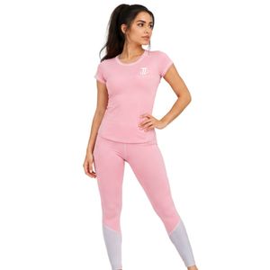 Women’s <b>Pink</b> Short Sleeve Workout T Shirt and Color Block <b>Leggings</b> Activewear Set for <b>Gym</b> Yoga Fitness - Product Image 1