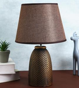 Rustic Ceramic Table <b>Lamp</b> with Brown Fabric Drum Shade <b>Warm</b> Light for Bedroom Decor - Product Image 1