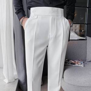 Pantalones de Traje Casuales de Negocios para Hombre, de Corte Slim, Pierna Estrecha, Cintura Alta, Color Sólido, Estilo Napolitano - Product Image 1