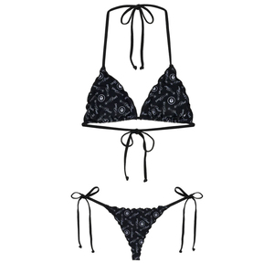 Conjunto de bikini estampado negro para mujer, con cuello halter, parte inferior con lazo lateral, tela elástica, traje de baño de 2 piezas - Product Image 1
