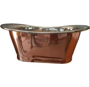 Baignoire autoportante finie en cuivre poli, avec base martelée antique et bordure nickelée. - Product Image 5