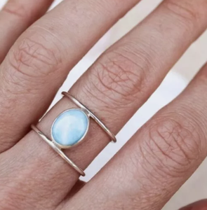 Wholesale Natural <b>Larimar</b> Ring 925 Sterling Silver Handmade Oval Gemstone Double Band Unisex Boho Party Statement <b>Jewelry</b> - Product Image 4