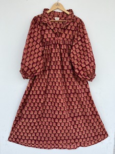 Women Maroon Cotton Maxi Dress Floral Buta Print <b>Balloon</b> Sleeve Boutique Wholesale - Product Image 1