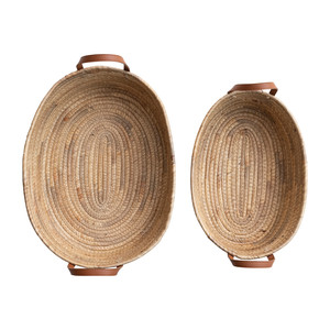 Panier en jonc de mer et jacinthe d'eau tressé à la main Sisu Handicraft, respectueux de l'environnement, avec poignées en similicuir, ensemble multifonction de 2 pièces - Product Image 3