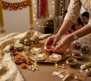 Ensemble de bougeoirs à feuille de métal dorée écologiques faits à la main avec grappes de perles de luxe pour Diwali, Noël, mariage indien - Product Image 2