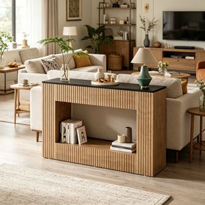 Consolle Moderna Rustica in Teak con Piano in Marmo, Tavolo Lungo Elegante per Soggiorno, Ingresso, Magazzino, Appartamento, Hotel, Stoccaggio - Product Image 1