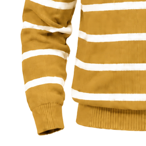 Men's Mustard Striped Quarter Zip <b>Pullover</b> <b>Sweater</b> With Embroidery Logo Front Long Sleeve Knitted Autumn Wear - Product Image 6