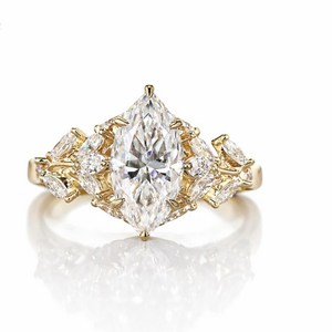 แหวนหมั้นเพชรทรงมาร์คีส์เพาะเลี้ยงในทองคำ 14K ดีไซน์ธรรมชาติ แหวนเจ้าสาวทรงมาร์คีส์ เครื่องประดับงานแต่งงาน - Product Image 1
