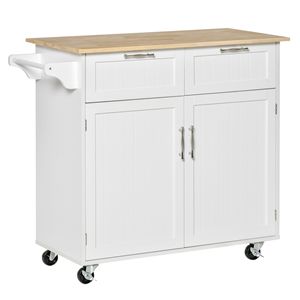 Îlot de cuisine roulant moderne de 41 pouces en acier inoxydable et fer, chariot utilitaire avec plateau en bois de caoutchouc et tiroirs blancs, portable - Product Image 1