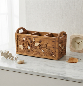 Porte-ustensiles de table en teck sculpté brun, organisateur de cuisine unique, fait main en bois de manguier, plateau de service - Product Image 5