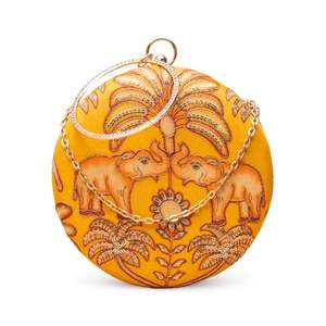 Elegante Bolso de Mano Redondo con Bordado de Elefante Amarillo para Mujer, Ideal para Fiestas y Bodas - Product Image 1