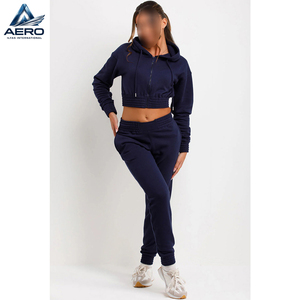 2026 Best Sale Product Zip Front Navy Color Ladies Gym <b>Crop</b> Tracksuits, Long Sleeve <b>Crop</b> <b>Tops</b> Pants Casual Wear Tracksuit Set - Product Image 4