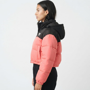 Women's Quilted <b>Cropped</b> <b>Puffer</b> <b>Jacket</b> Block Color Hooded Zipper Front Logo Winter Warm Short Length Full Sleeve - Product Image 3