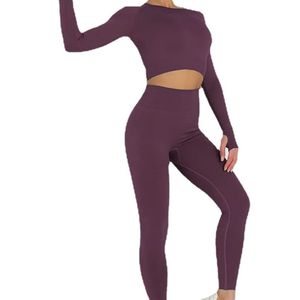 Solid Color Ribbed Gym Set Long Sleeve <b>Crop</b> <b>Top</b> High Waist Seamless Yoga Set Wine <b>Red</b> - Product Image 4