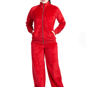 Best Quality Women's Pink Velvet <b>Tracksuit</b> Full Sleeve Hooded Casual Solid Color Side Pockets Drawstring Closure Autumn Wear - Product Image 1